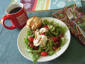 CSA lettuce, arugula, and grapes, tomatoes, and poached egg, rhubarb and ginger muffin